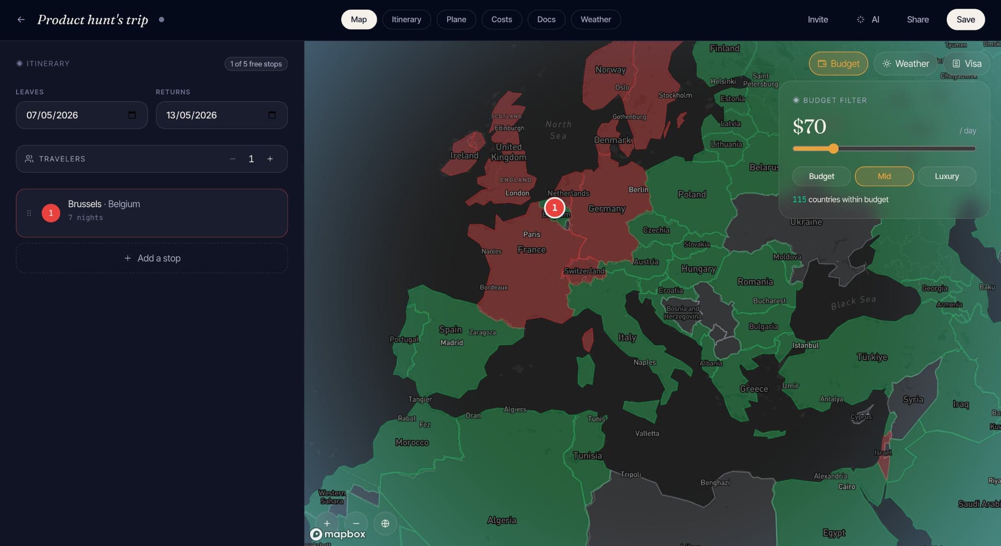 The map view — countries colour by per-day budget; anything over the daily limit greys out