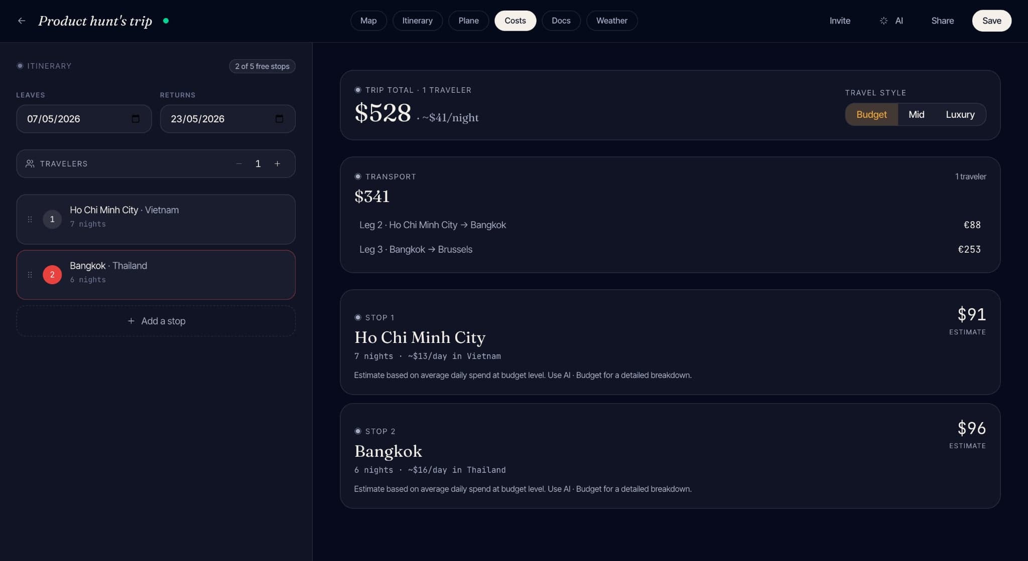 The budget planner — set per-day spend and time window, see destinations rerank in real time
