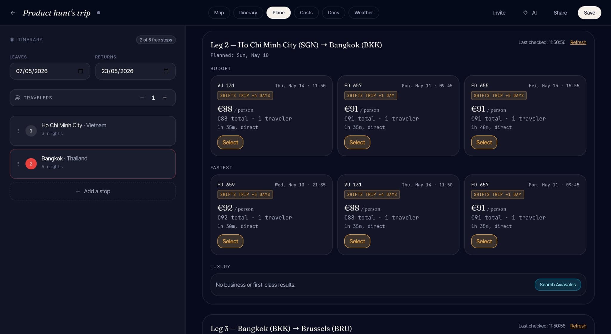 Flight search and routing — open-jaw and multi-stop combinations costed end-to-end
