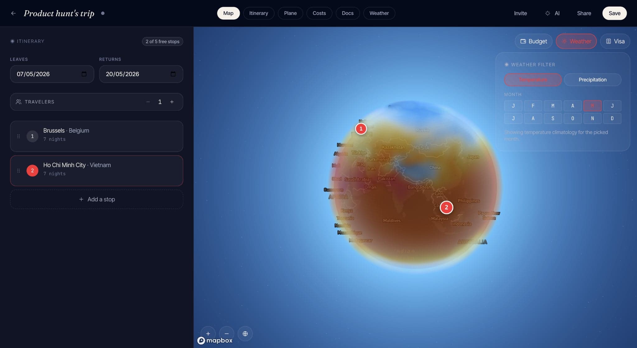 Weather windows — the best two-week window for any destination, computed from historical climate